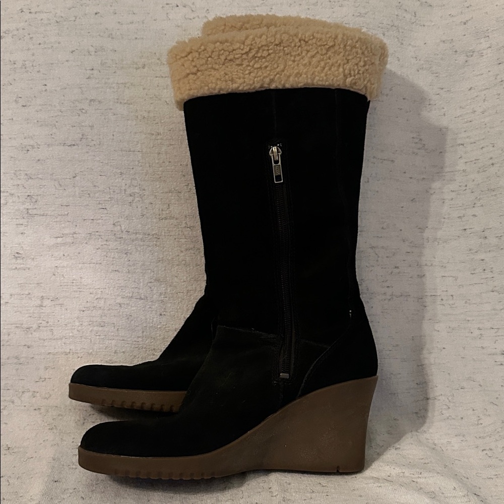 UGG Black Suede with Sheepskin Tall Wedge Boots - Picture 2 of 6